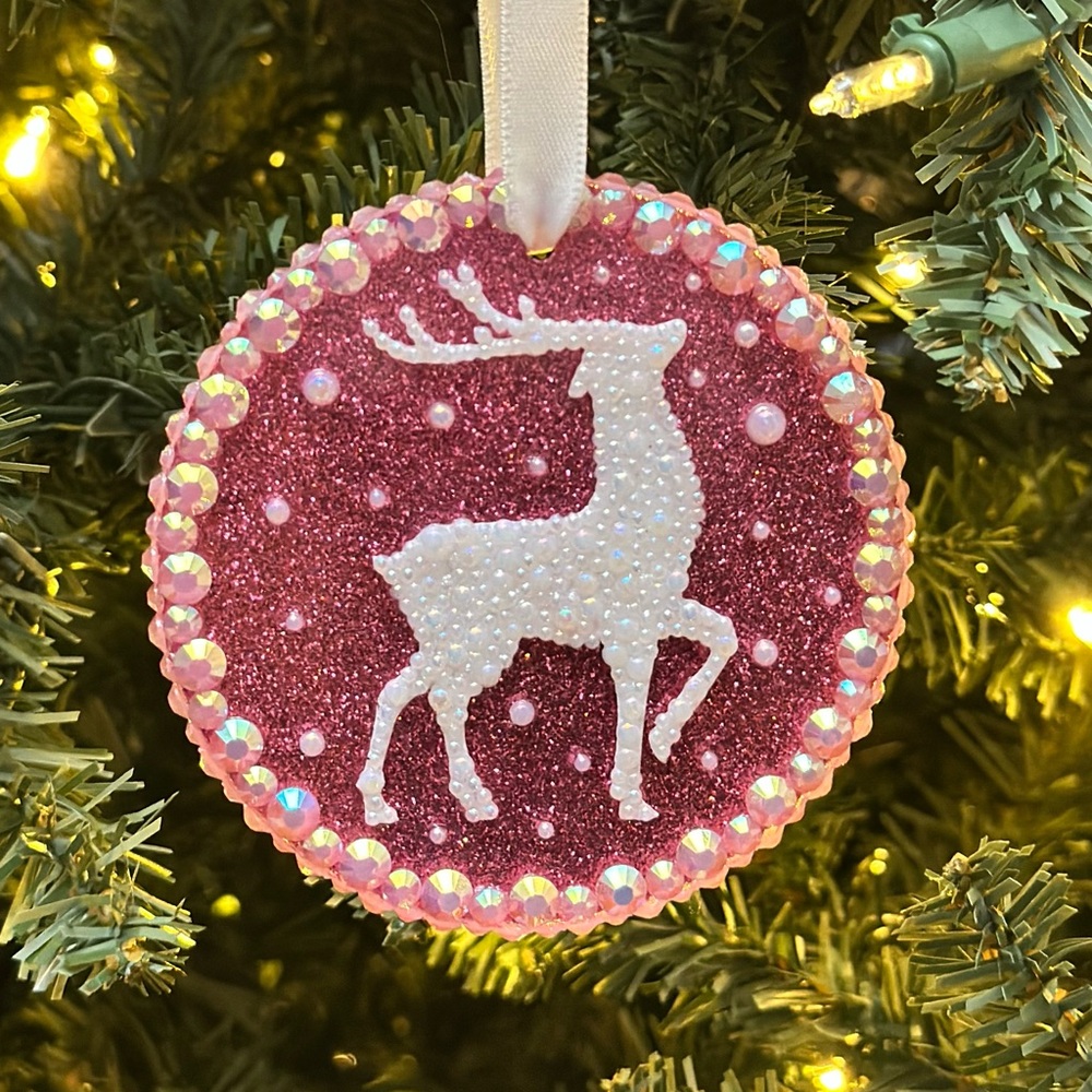 Pink Glitter Reindeer Ornament